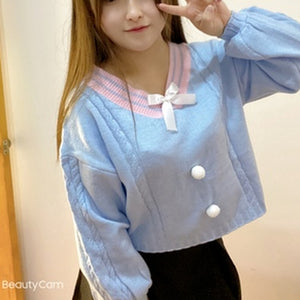 2022 Sweet New V-neck Crop Knit Pullover Fashion Fresh Bow Sweater Cute Long Sleeve Japan Style Spring Kawaii Jumper Femme