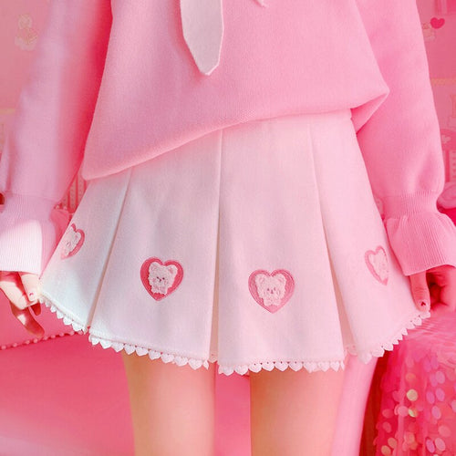 2022 Teen Girls Cute Heart Mini Skirts High Waist Cartoon Kawaii Skirt Preppy Style Spring White Pleated Jupe Japanese New