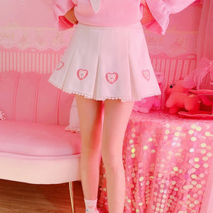 2022 Teen Girls Cute Heart Mini Skirts High Waist Cartoon Kawaii Skirt Preppy Style Spring White Pleated Jupe Japanese New