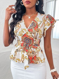 2022 Vintage Sexy V-Neck Pattern Blouses Shirts Summer Fashion Slim Print Women Clothing Tops Spring Lace-Up Short Sleeve Blusas