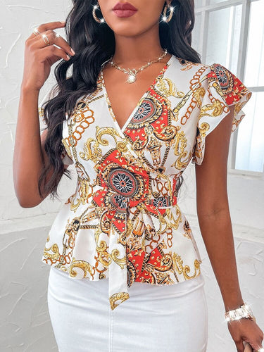2022 Vintage Sexy V-Neck Pattern Blouses Shirts Summer Fashion Slim Print Women Clothing Tops Spring Lace-Up Short Sleeve Blusas
