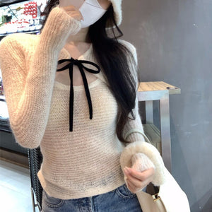 2022 Winter New Korean Fashion Lace-up Solid Color Long-sleeved Cardigan Women + Sexy Slim Knitted Camisole Two-piece Suit