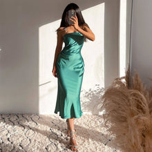 Load image into Gallery viewer, 2022 Women Fashion Satin Sea Green Dress Straps with Chains Female Elegant Maxi Midi Slit Camisole Dress Chic Lady Robe