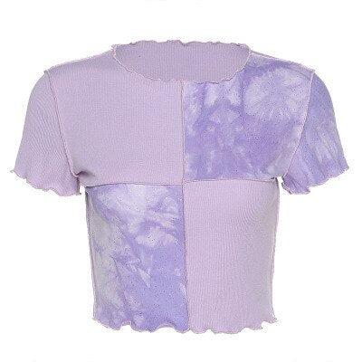 2022 Women Tie Dye Cropped Top Ruffle Frill Short Sleeve Tops Patchwork T-Shirts Round Neck Casual Tees Party Summer Clothes