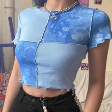 Load image into Gallery viewer, 2022 Women Tie Dye Cropped Top Ruffle Frill Short Sleeve Tops Patchwork T-Shirts Round Neck Casual Tees Party Summer Clothes