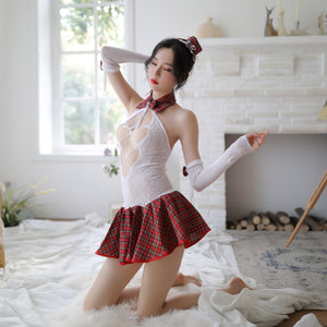 2022 Women&#39;s Erotic Lingerie Set Sexy Student Uniform Temptation Short Skirt Suit Student Hollow Transparent Mini Pleated Skirt