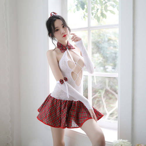 2022 Women's Erotic Lingerie Set Sexy Student Uniform Temptation Short Skirt Suit Student Hollow Transparent Mini Pleated Skirt