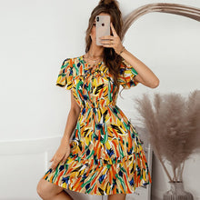 Load image into Gallery viewer, 2022 Women&#39;s Ruffles V Neck Bow Dress Summer Print Short Sleeve Ladies Jumper Casual Lace Up High Waist Female Mini Vestidos