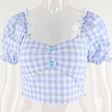 Load image into Gallery viewer, 2022 pastoral style square collar low-cut blue plaid bowknot fungus puff sleeve top women&#39;s summer short cropped T-shirt trend