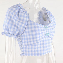 Load image into Gallery viewer, 2022 pastoral style square collar low-cut blue plaid bowknot fungus puff sleeve top women&#39;s summer short cropped T-shirt trend