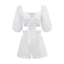 Load image into Gallery viewer, 2022Spring and Summer New Product Pure Color Fashion Sexy Cotton Linen Cardigan Top Pocket Shorts Casual Suit Set Woman 2 Pieces