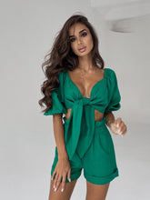 Load image into Gallery viewer, 2022Spring and Summer New Product Pure Color Fashion Sexy Cotton Linen Cardigan Top Pocket Shorts Casual Suit Set Woman 2 Pieces