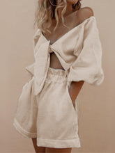 Load image into Gallery viewer, 2022Spring and Summer New Product Pure Color Fashion Sexy Cotton Linen Cardigan Top Pocket Shorts Casual Suit Set Woman 2 Pieces