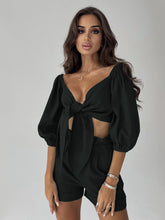 Load image into Gallery viewer, 2022Spring and Summer New Product Pure Color Fashion Sexy Cotton Linen Cardigan Top Pocket Shorts Casual Suit Set Woman 2 Pieces