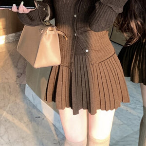 2023 Autumn for Women Korean Style Warm Soft Cashmere Cardigan + Pleated Skirt Suit 2 Pieces Sets Tight-fitting Retro Y2k Suit