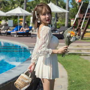 2023 Korean Swimsuit Ladies Fused Swim Suit Plus Size Swimwear 5XL Skirt Mesh Lace Long Sleeve Bathing Suit One Piece Tankinis