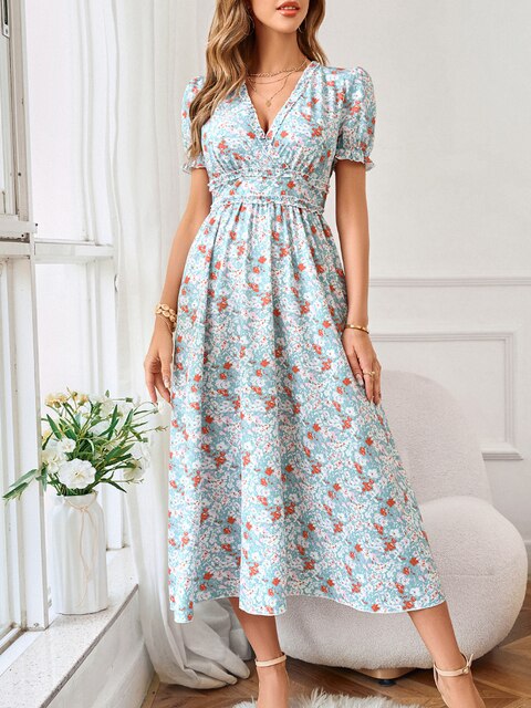 2023 New Women's Summer Dress Chiffon Elegant Floral Print Vintage Mini Dress Sexy High Waist Summer Dresses for Women Vestidos