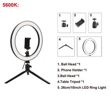 Load image into Gallery viewer, 26cm/10inch LED Selfie Ring Light Dimmable LED Ring Lamp Photo Video Camera Phone Light ringlight For Live YouTube Fill Light