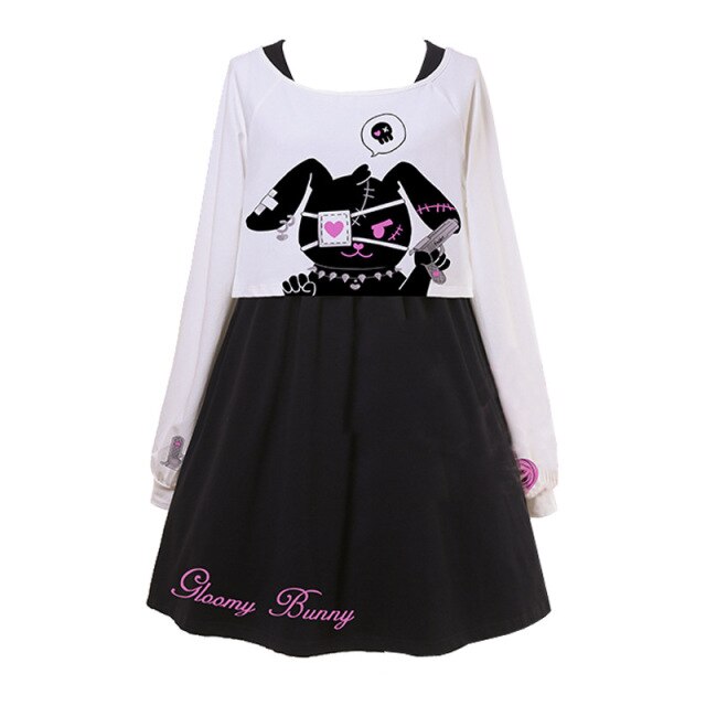 2PCS Kawaii Rabbit Lolita Dress Cute Black Cosplay Girl Dresses + Japanese Comic Tops Long Sleeve Bunny T-shirts Spring