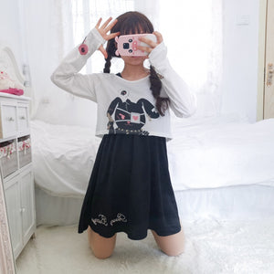 2PCS Kawaii Rabbit Lolita Dress Cute Black Cosplay Girl Dresses + Japanese Comic Tops Long Sleeve Bunny T-shirts Spring