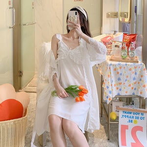 2PCS Sexy Lace Lingerie Nightgowns Robe Sets for Women Korean Summer Silk Satin Bathrobe Sleepwear Nightdress Night Dress Nighty