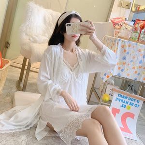 2PCS Sexy Lace Lingerie Nightgowns Robe Sets for Women Korean Summer Silk Satin Bathrobe Sleepwear Nightdress Night Dress Nighty