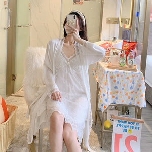 2PCS Sexy Lace Lingerie Nightgowns Robe Sets for Women Korean Summer Silk Satin Bathrobe Sleepwear Nightdress Night Dress Nighty