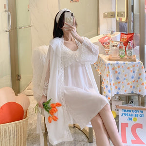 2PCS Sexy Lace Lingerie Nightgowns Robe Sets for Women Korean Summer Silk Satin Bathrobe Sleepwear Nightdress Night Dress Nighty