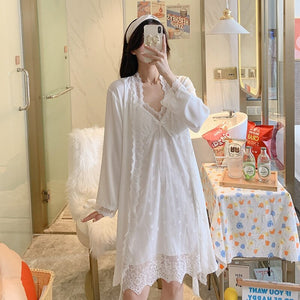 2PCS Sexy Lace Lingerie Nightgowns Robe Sets for Women Korean Summer Silk Satin Bathrobe Sleepwear Nightdress Night Dress Nighty
