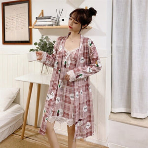 2PCS Sexy Lingerie Nightgowns Robes Sets for Women Summer Casual Plaid Bathrobes Sleepwear Nightdress Night Dress Two Piece Set
