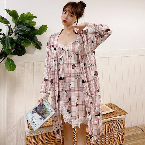 2PCS Sexy Lingerie Nightgowns Robes Sets for Women Summer Casual Plaid Bathrobes Sleepwear Nightdress Night Dress Two Piece Set