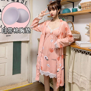 2PCS Sexy Lingerie Nightgowns Robes Sets for Women Summer Casual Plaid Bathrobes Sleepwear Nightdress Night Dress Two Piece Set