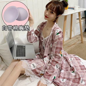 2PCS Sexy Lingerie Nightgowns Robes Sets for Women Summer Casual Plaid Bathrobes Sleepwear Nightdress Night Dress Two Piece Set