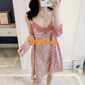 2PCS Silk Satin Sexy Leopard Lace Lingerie Nightgowns Robe Sets Women 2021 Summer Bathrobe Sleepwear Suit Nightdress Night Dress