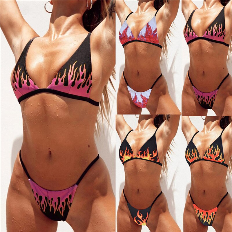 2Pcs Women Summer Swimwear Multicolor Fire Printed V-Neck Bra + High Waist Panty Bikini Set for Girls