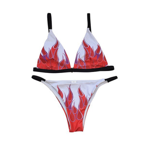 2Pcs Women Summer Swimwear Multicolor Fire Printed V-Neck Bra + High Waist Panty Bikini Set for Girls