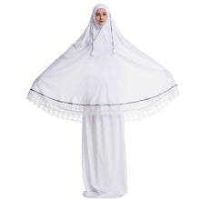 Load image into Gallery viewer, 2pcs Muslim Women Traditional Robe Abaya Dress Double Layer Large Scale Mosque Lace Trim Hijab Gown Islamic Prayer Sets