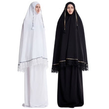 Load image into Gallery viewer, 2pcs Muslim Women Traditional Robe Abaya Dress Double Layer Large Scale Mosque Lace Trim Hijab Gown Islamic Prayer Sets