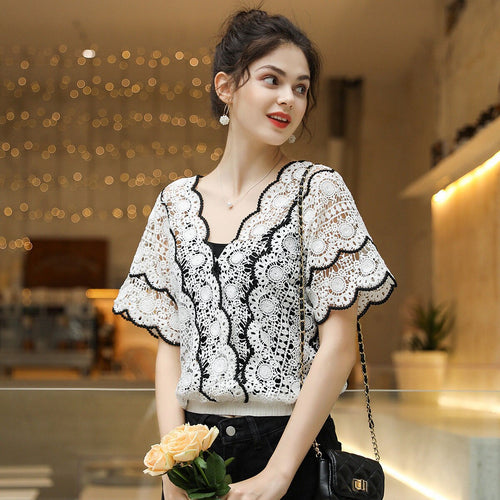 2pcs Short Sleeve Elegant V Neck Female Summer Tops Lace T Shirts Feminina For Women Tees Korean Clothes Vintage Friends Office