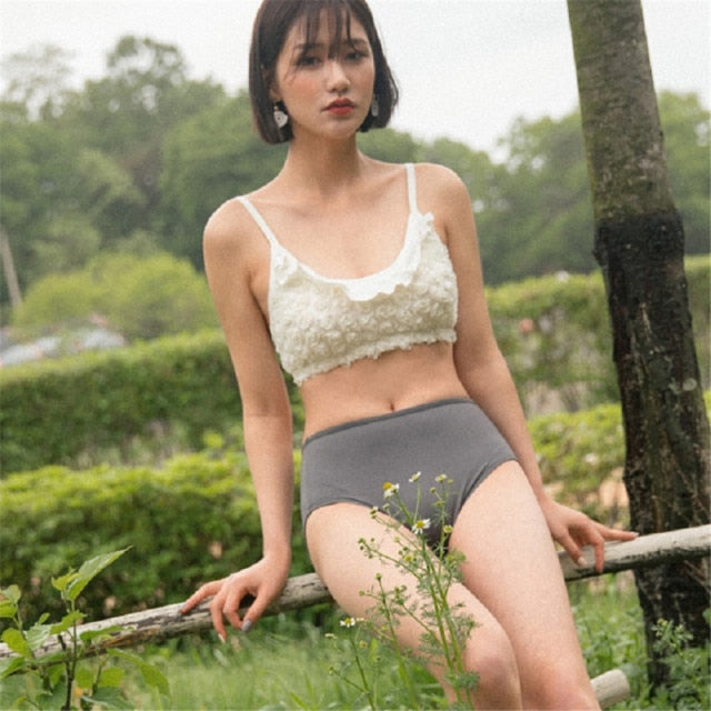 3 D Lace Floral Bikini Women Solid Swimwear High Waist Swimsuit Push Up Biquini Korea Bikinis Ruffle Bathing Suit Pad Beachwear