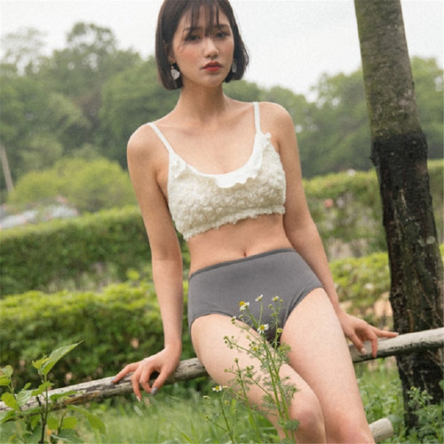 3 D Lace Floral Bikini Women Solid Swimwear High Waist Swimsuit Push Up Biquini Korea Bikinis Ruffle Bathing Suit Pad Beachwear