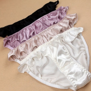 3 PACK 100% Pure Silk Women&#39;s Ruffled Underwear Lingerie Briefs Panties L-2XL MS016