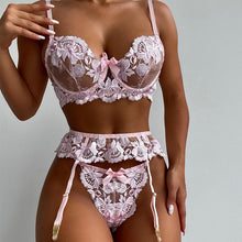 Load image into Gallery viewer, 3 PCS Set Sexy Floral Embroider Underwear Transparent Erotic Costumes with Garter Thong Sensual Exotic Bra Women&#39;s Lingerie Set