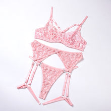Load image into Gallery viewer, 3 PCS Set Women Sexy Embroider Sensual Lingerie Underwear Garters Pink Flower Erotic Bra Transparent Exotic Lingerie Underwear
