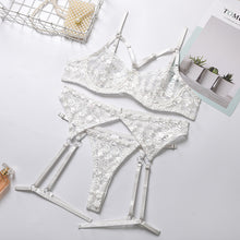 Load image into Gallery viewer, 3 PCS Set Women Sexy Embroider Sensual Lingerie Underwear Garters Pink Flower Erotic Bra Transparent Exotic Lingerie Underwear
