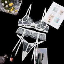 Load image into Gallery viewer, 3 PCS Set Women Sexy Embroider Underwear Transparent Erotic Costumes Garters Sensual Lingerie Exotic See-through Thong Suit
