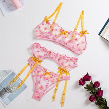 Load image into Gallery viewer, 3 PCS Set Women Sexy Embroider Underwear Transparent Heart Bow-knot Erotic Costumes Garters Sensual Lingerie Exotic Thong Suit