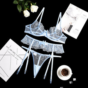 3 PCS Set Women Sexy Lace Embroidery Underwear Transparent Erotic Costumes Garter Sensual Lingerie Exotic See-through Thong Suit