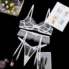 Load image into Gallery viewer, 3 PCS Set Women Sexy Lace Embroidery Underwear Transparent Erotic Costumes Garter Sensual Lingerie Exotic See-through Thong Suit
