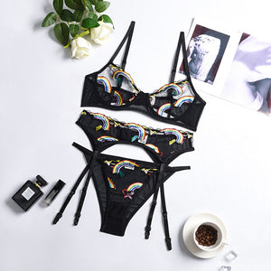 3 PCS Set Women Sexy Rainbow Embroidery Underwear with Garters Set Underwire Bra and Briefs Set Sensual Lingerie Exotic Suit